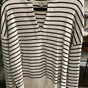 LOFT White and Black Striped V‑Neck Sweater